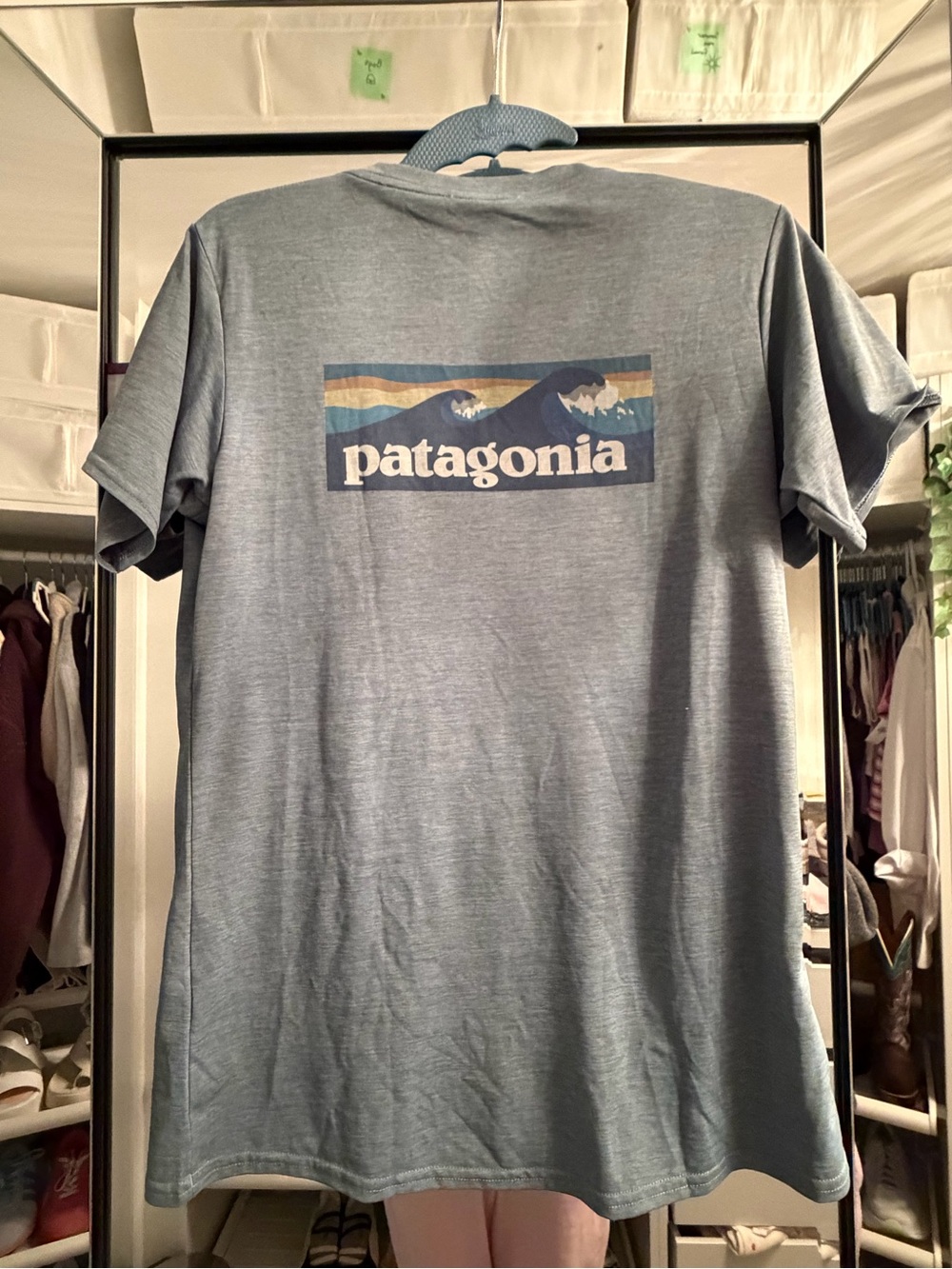 Patagonia capilene cool Short Sleeve Logo Tee in Heather Light Blue